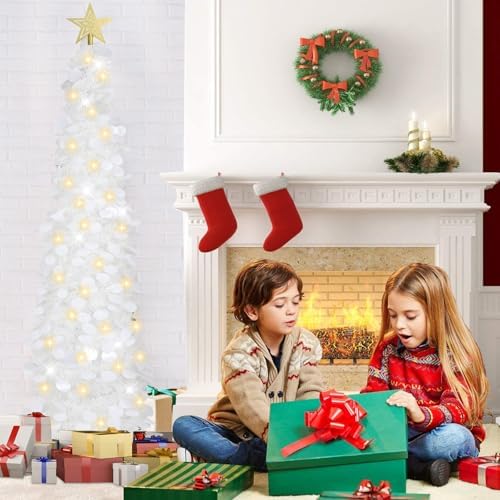 5 FT Pop Up Christmas Tree with Timer Lights, White Christmas Tinsel Tree, Collapsible Artificial Pencil, alternate view 4