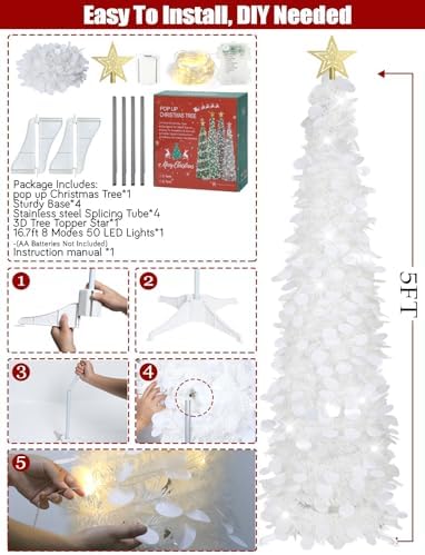 5 FT Pop Up Christmas Tree with Timer Lights, White Christmas Tinsel Tree, Collapsible Artificial Pencil, alternate view 5