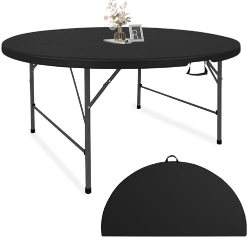 5 FT Round Folding Tables Black Foldable Table, Fold-in-Half with Carrying Handle Portable Plastic Table for