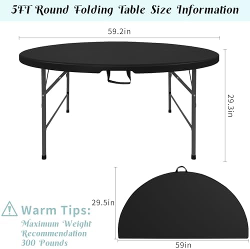 5 FT Round Folding Tables Black Foldable Table, Fold-in-Half with Carrying Handle Portable Plastic Table for, alternate view