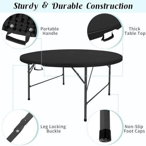 5 FT Round Folding Tables Black Foldable Table, Fold-in-Half with Carrying Handle Portable Plastic Table for, alternate view