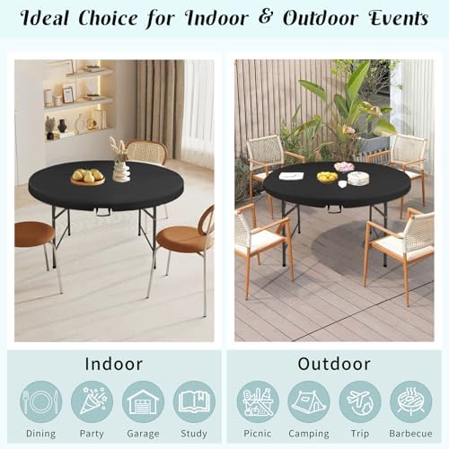 5 FT Round Folding Tables Black Foldable Table, Fold-in-Half with Carrying Handle Portable Plastic Table for, alternate view