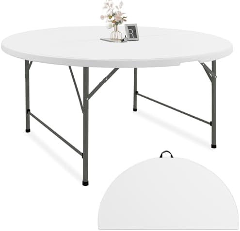5 FT Round Folding Tables White Foldable Table, Fold-in-Half with Carrying Handle Portable Plastic Table for