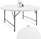 5 FT Round Folding Tables White Foldable Table, Fold-in-Half with Carrying Handle Portable Plastic Table for