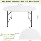 5 FT Round Folding Tables White Foldable Table, Fold-in-Half with Carrying Handle Portable Plastic Table for, alternate view