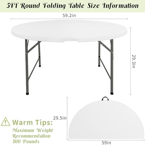 5 FT Round Folding Tables White Foldable Table, Fold-in-Half with Carrying Handle Portable Plastic Table for, alternate view