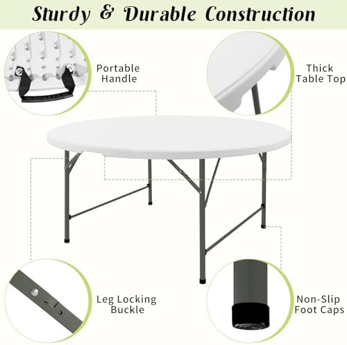 5 FT Round Folding Tables White Foldable Table, Fold-in-Half with Carrying Handle Portable Plastic Table for, alternate view