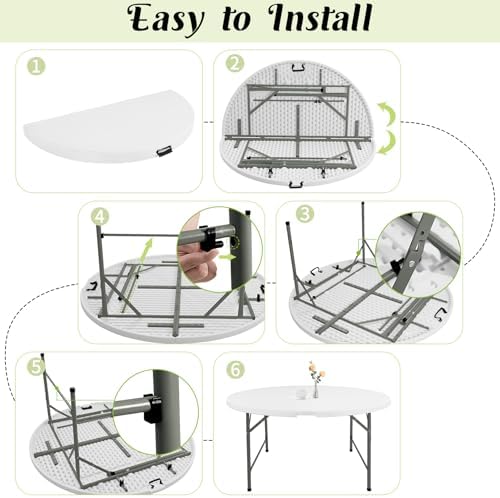 5 FT Round Folding Tables White Foldable Table, Fold-in-Half with Carrying Handle Portable Plastic Table for, alternate view