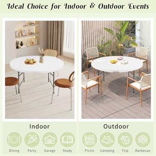 5 FT Round Folding Tables White Foldable Table, Fold-in-Half with Carrying Handle Portable Plastic Table for, alternate view