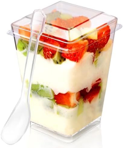 5 oz 60 Pcs Plastic Dessert Cups With Lids and Spoons, Serves 20, Yogurt Parfait Appetizer Cups for Party, Mini