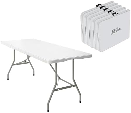 5 Pack 6FT Folding Tables, Heavy Duty, Carry Handle, White in White