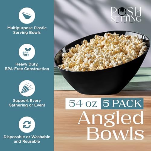 5 Pack Black Angled Plastic Serving Bowl Disposable for Party Table 54oz in Large 54 OZ in Black, alternate view 3