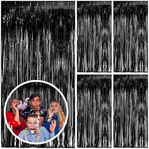 5 Pack Black Party Streamers Backdrop Tinsel Foil Fringe Curtains Halloween & Birthday Party Decorations