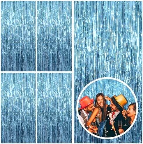 5 Pack Blue Backdrop Curtain Tinsel Streamers Ocean Themed Decor Birthday Party Decorations Foil Fringe Backdrop