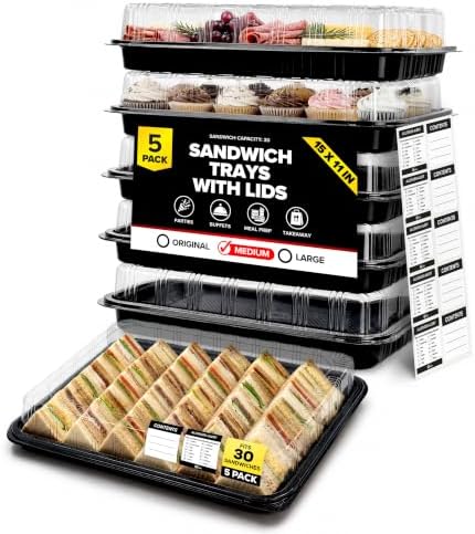 5 Pack Catering Trays with Lids - 15" Serving Tray with Lid, Heavy Duty Recyclable Plastic Party Platters for
