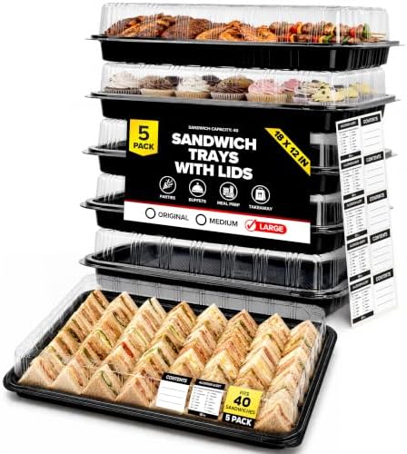 5 Pack Catering Trays with Lids - 17" Serving Tray with Lid, Heavy Duty Recyclable Plastic Party Platters for