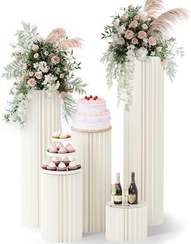 5 Pack Cylinder Stands for Party, Round Cake Pedestal Stands Foldable Buffet Food Risers White Cardboard