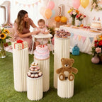 5 Pack Cylinder Stands for Party, Round Cake Pedestal Stands Foldable Buffet Food Risers White Cardboard, alternate view 3