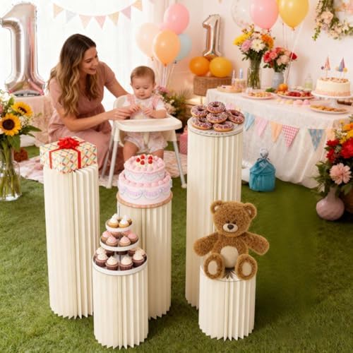 5 Pack Cylinder Stands for Party, Round Cake Pedestal Stands Foldable Buffet Food Risers White Cardboard, alternate view 3