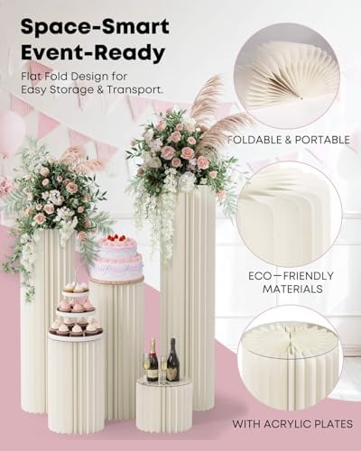 5 Pack Cylinder Stands for Party, Round Cake Pedestal Stands Foldable Buffet Food Risers White Cardboard, alternate view 5
