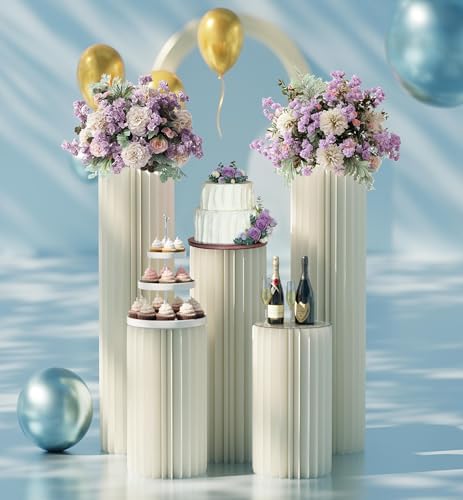 5 Pack Cylinder Stands for Party, Round Cake Pedestal Stands Foldable Buffet Food Risers White Cardboard, alternate view 2