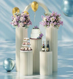 5 Pack Cylinder Stands for Party, Round Cake Pedestal Stands Foldable Buffet Food Risers White Cardboard, alternate view 2