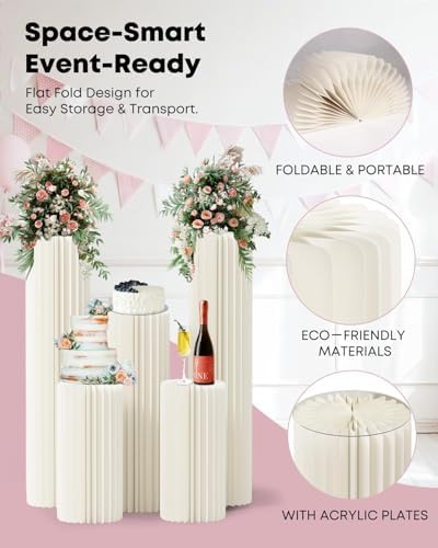 5 Pack Cylinder Stands for Party, Round Cake Pedestal Stands Foldable Buffet Food Risers White Cardboard, alternate view 6