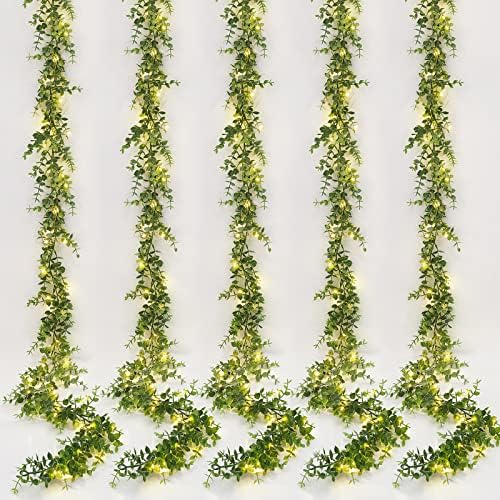 5 Pack Eucalyptus Garland with LED Lights String 30Ft Greenery Garland