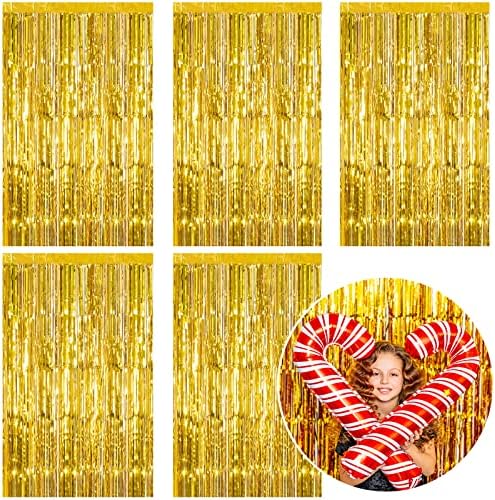 5 Pack Foil Curtain Backdrop Gold Metallic Tinsel Foil Fringe Curtains Photo Booth Props for Birthday Wedding