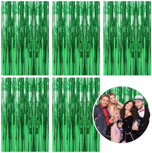 5 Pack Foil Curtain Backdrop Green Metallic Tinsel Foil Fringe Curtains Photo Booth Props for Birthday Wedding