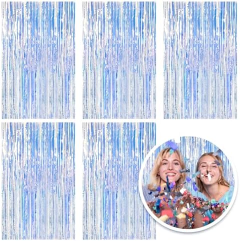 5 Pack Foil Curtain Backdrop Iridescent Metallic Tinsel Foil Fringe Curtains Photo Booth Props for Birthday