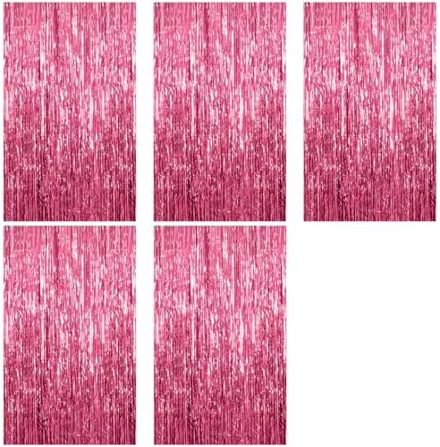 5 Pack Foil Curtain Backdrop Pink Metallic Tinsel Foil Fringe Curtains Photo Booth Props for Birthday Wedding