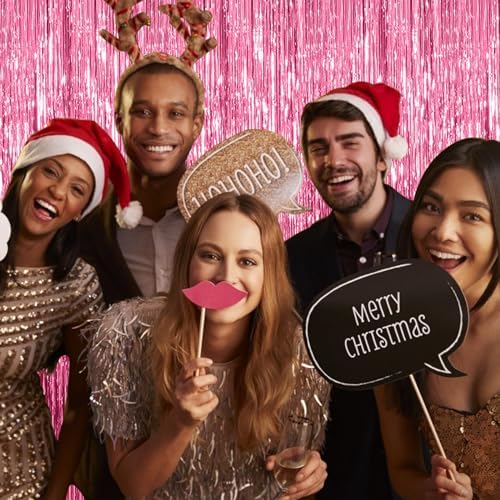 5 Pack Foil Curtain Backdrop Pink Metallic Tinsel Foil Fringe Curtains Photo Booth Props for Birthday Wedding, alternate view