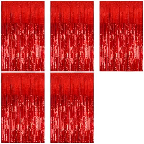 5 Pack Foil Curtain Backdrop Red Metallic Tinsel Foil Fringe Curtains Photo Booth Props for Birthday Wedding