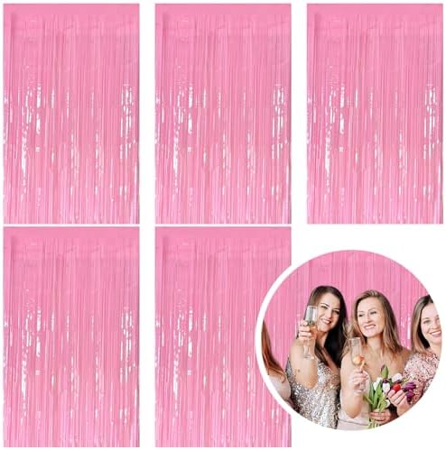 5 Pack Foil Curtain Pink Backdrop Streamers Metallic Tinsel Fringe Curtains Photo Booth Props for Birthday