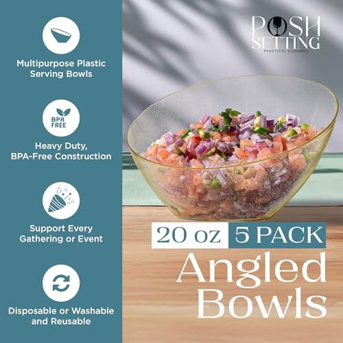 5 Pack Gold Glitter Angled Plastic Serving Bowl Disposable for Party 20oz in Medium 20 OZ in Gold Glitter, alternate view 3