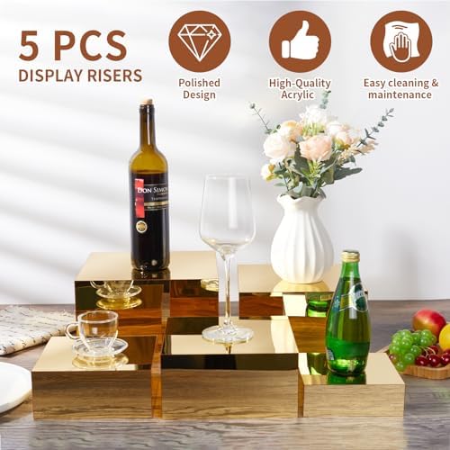5-Pack Gold Mirrored Acrylic Display Risers, Nesting Stands for Dessert Buffet Table, Jewelry, Perfume &, alternate view 4