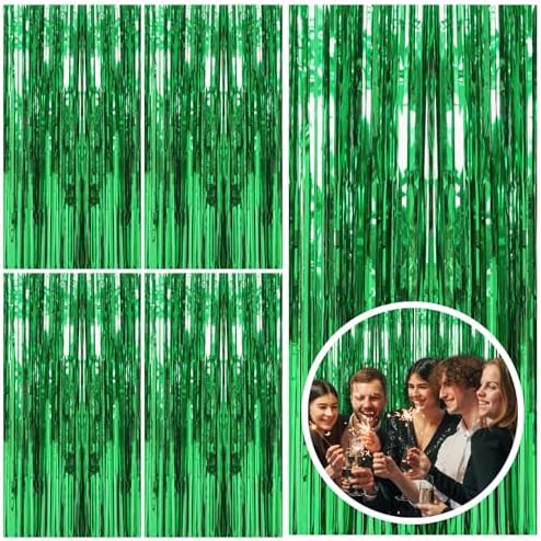 5 Pack Green Streamers Backdrop Jungle Party Decorations Foil Fringe Backdrop Curtains Photo Booth Backdrop for