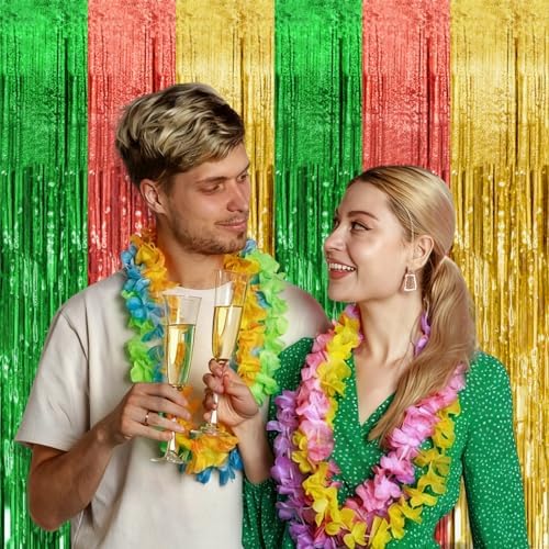 5 Pack Hawaii Party Backdrop Decorations Vibrant Summer Streamers Foil Fringe Curtains Metallic Tinsel Backdrop, alternate