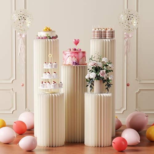 5 Pack Portable White Cylinder Stands for Party, 31.5", 23.6", 15.7" Height Foldable Cardboard Tall Cake, alternate view 2