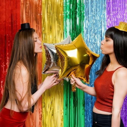 5 Pack Rainbow Backdrop Party Decorations Tinsel Curtain Party Streamer Foil Fringe Birthday Decorations Photo, alternate