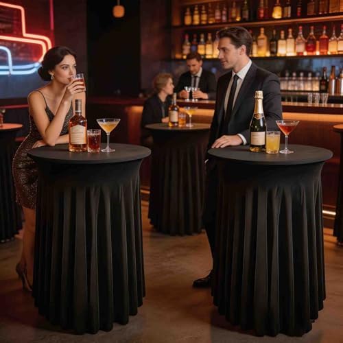 5 Pack Round Spandex Cocktail Table Tablecloths with Skirt, 32 x 43 Inch Black Stretch High Top Cocktail Table, alternate