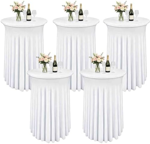 5 Pack White Cocktail Table Covers - 32 x 43 Inch Stretch Spandex Cocktail Tablecloths with Skirt Round Stretch