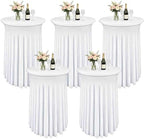 5 Pack White Cocktail Table Covers - 32 x 43 Inch Stretch Spandex Cocktail Tablecloths with Skirt Round Stretch