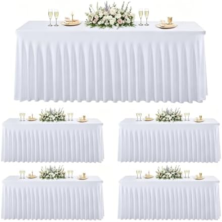 5 Pack White Spandex 6ft Rectangle Tablecloths with Skirts