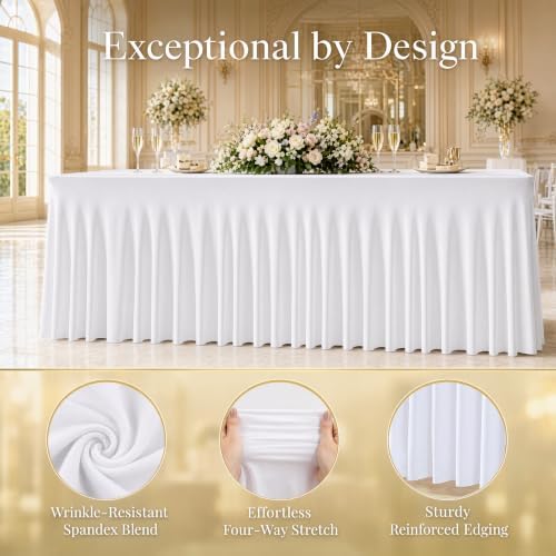 5 Pack White Spandex 6ft Rectangle Tablecloths with Skirts, alternate view 3