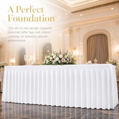 5 Pack White Spandex 6ft Rectangle Tablecloths with Skirts, alternate view 6