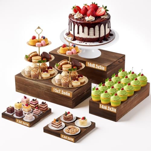 5 Pcs 16 in Buffet Display Risers Set, Dark Wood, Extra Large in Large in Dark Wood