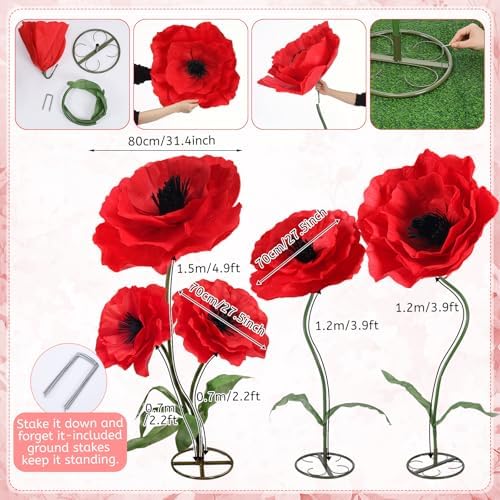 5 Pcs 8ft Giant Red Poppy Flowers with Stand Wedding Decoration in Red, alternate view 3