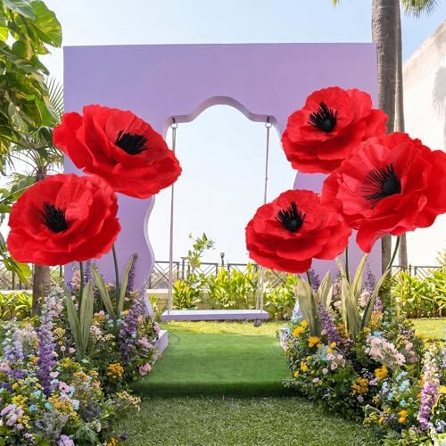 5 Pcs 8ft Giant Red Poppy Flowers with Stand Wedding Decoration in Red, alternate view 4